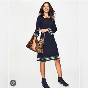 Boden navy blue Trudy sweater knit dress green cream striped detail bell sleeve